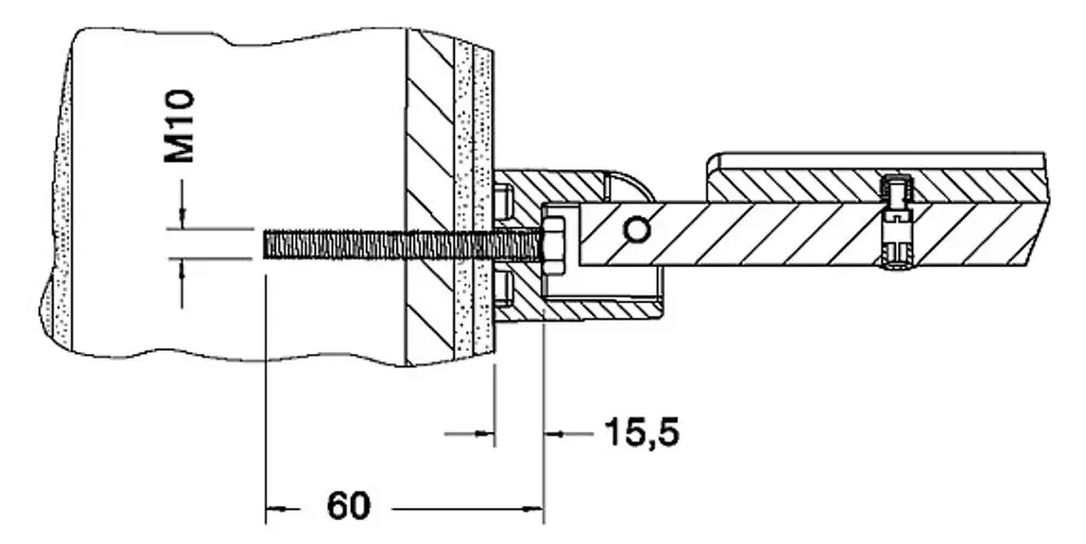 Technische Zeichnung eines Befestigungssets von Keuco, mit detaillierter Darstellung eines M10-Gewindes und einer Schraube in Querschnittansicht.